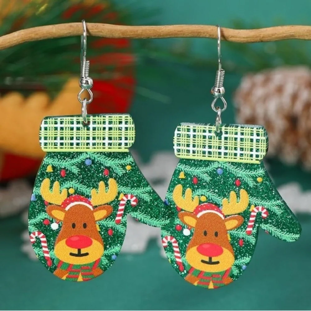 NWT - Green Glitter Mitten with Rudolf the Reindeer Dangle Acrylic Earrings